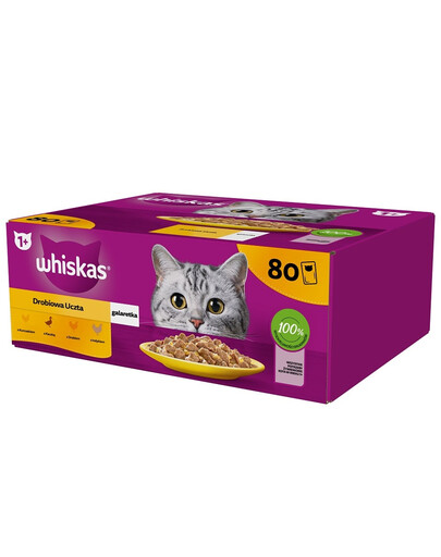 WHISKAS Adult 80 x 85 g Drůbeží hody - vlhké krmivo pro dospělé kočky, v želé (kousky s: kuřecím, kachním, drůbežím, krůtím masem)