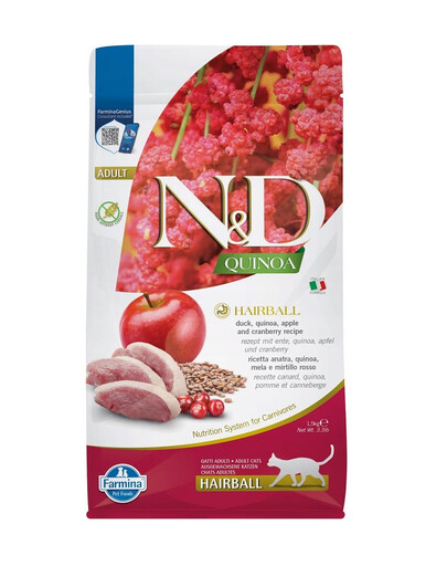 FARMINA N&D Quinoa Cat Hairball Kachna, jablko, brusinka 1,5 kg