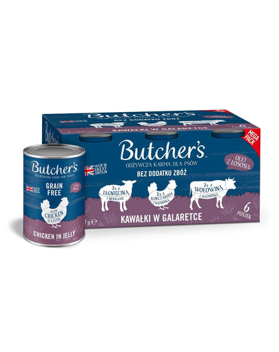 BUTCHER'S Original Recipe in jelly Smíšené příchutě s játry nebo ledvinami 6x400 g v želé s hovězím, s jehněčím a s kuřecím masem pro psy