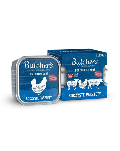 BUTCHER'S Original Šťavnatá paštika Smíšené příchutě s játry nebo ledvinami 4x150 g paštika s hovězím masem, s jehněčím a kuřecím masem pro psy