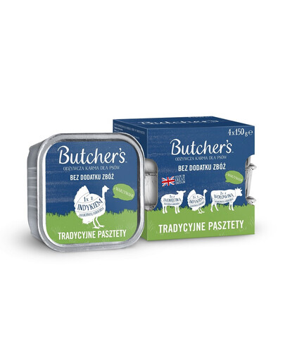 BUTCHER'S Original Tradiční paštiky Smíšené příchutě se zeleninou 4x150 g paštika s jehněčím, krůtím a hovězím masem pro psy