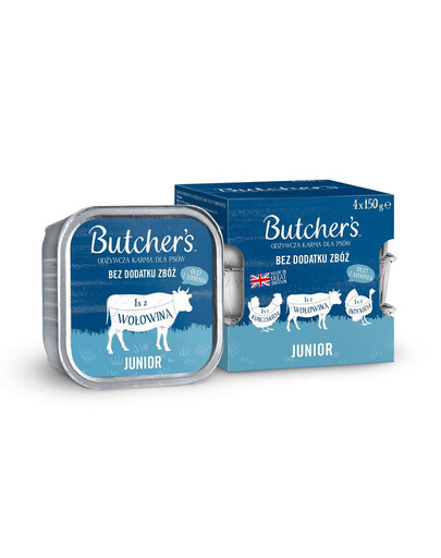 BUTCHER'S Original Junior Smíšené příchutě 4x150 g kuřecí, hovězí a krůtí paštiky pro štěňata