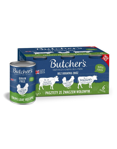 BUTCHER'S Original Tripe Směs příchutí s hovězím bachorem 6x400 g paštika s bachorem, kuřecím a hovězím masem pro psy
