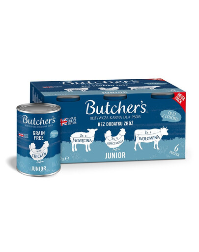 BUTCHER'S Original Junior Recipe in jelly Smíšené příchutě 6x400 g želé kousky s jehněčím, kuřecím a hovězím masem pro štěňata
