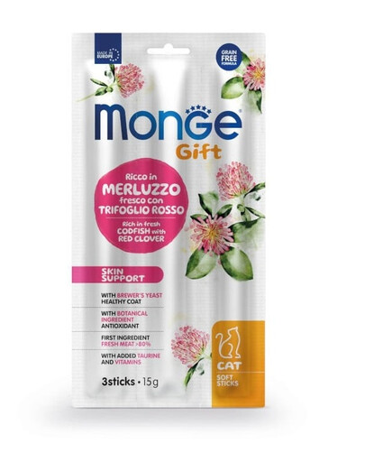 MONGE Cat Adult Skin support sticks Treska a červený jetel 15 g