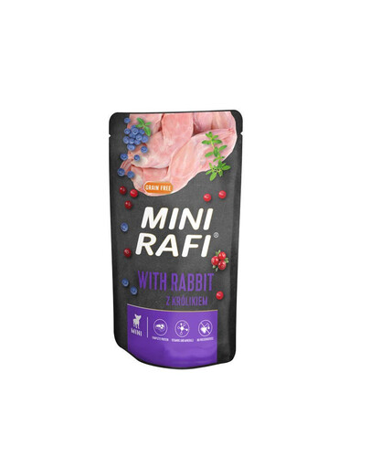 RAFI Mini vlhké krmivo s králíkem, borůvkami a brusinkami pro malá plemena 150g