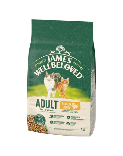 JAMES WELLBELOVED Adult 4 kg suché kompletní krmivo pro dospělé kočky od 1 do 7 let s vysokým obsahem krůtího masa