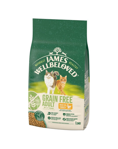 JAMES WELLBELOVED Adult 1,5 kg suché kompletní krmivo bez obilovin pro dospělé kočky od 1 do 7 let s vysokým obsahem krůtího masa