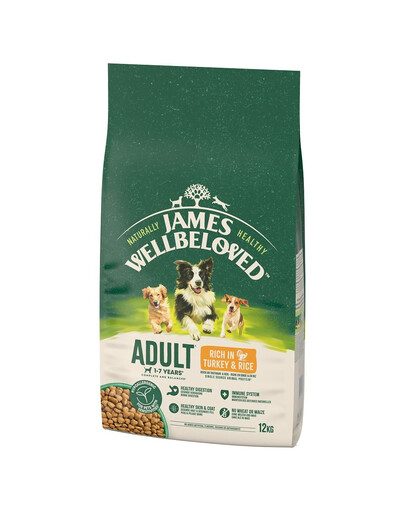 JAMES WELLBELOVED Adult 12 kg Kompletní suché krmivo pro dospělé psy 1-7 let, bohaté na krůtu a rýži