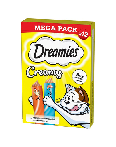 DREAMIES Creamy MEGA PACK karma uzupełniająca z kurczakiem i z łososiem 12x10 g