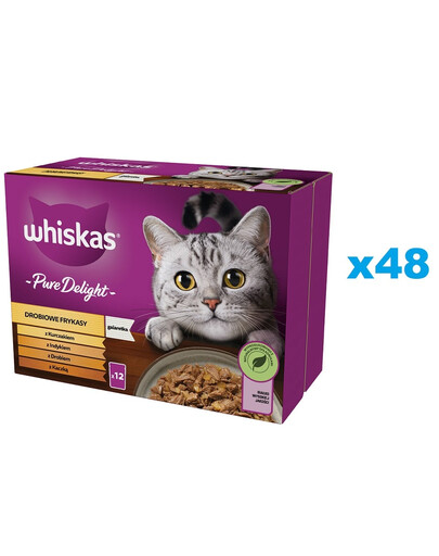 WHISKAS Adult 48x85g Drůbeží hranolky vlhké krmivo pro dospělé kočky v želé s: kuřecím masem, krůtím masem, drůbežím masem, kachním masem