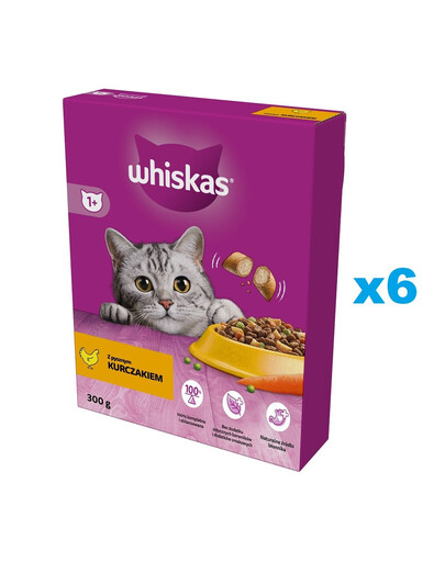 WHISKAS Adult 6x300 g Kompletní suché krmivo s lahodným kuřecím masem pro dospělé kočky