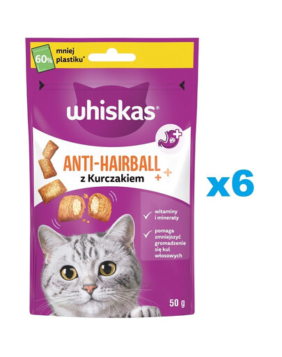 WHISKAS Anti-Hairball 6x50 g Pamlsky proti tvorbě trichobezoárů pro dospělé kočky