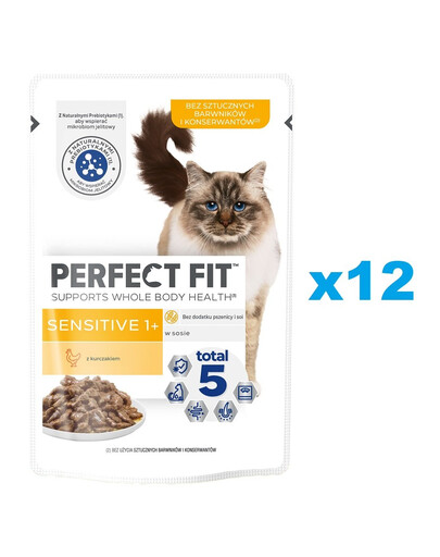 PERFECT FIT Sensitive 1+ 12 kapsiček s kompletním mokrým krmivem pro dospělé kočky s kuřecím masem v omáčce po 85 g