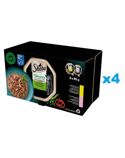SHEBA Nature’s Collection Výběr příchutí tácky 32x85 g kompletní mokré krmivo pro dospělé kočky v omáčce, kousky s kuřecím masem a lososem