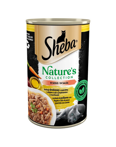 SHEBA konzerva 400 g Nature's Collection koktajl drůbež s játry a rybím olejem s mrkvovou oblohou v omáčce