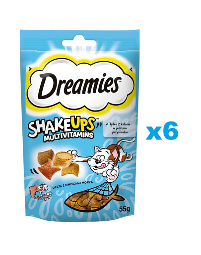 DREAMIES ShakeUps Multivitamins 6x55g pochoutka z mořských plodů pro kočky s příchutí lososa, tuňáka a krevet