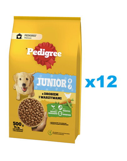 PEDIGREE Junior 12x500 g s drůbeží a zeleninou, kompletní krmivo pro rostoucí psy velkých a středních plemen