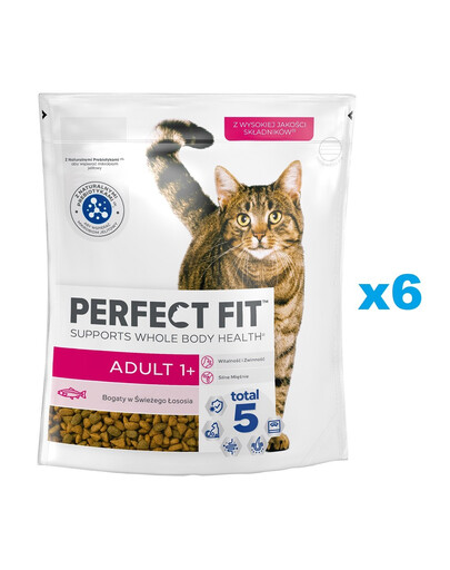 PERFECT FIT Adult 1+ 6x750 g kompletní krmivo pro dospělé kočky s vysokým obsahem čerstvého lososa
