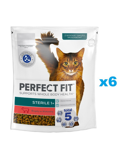 PERFECT FIT Sterile 1+ 6x750 g kompletní krmivo pro dospělé kočky s vysokým obsahem hovězího masa