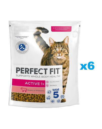 PERFECT FIT Active 1+ 6x750 g kompletní krmivo pro dospělé kočky s vysokým obsahem hovězího masa