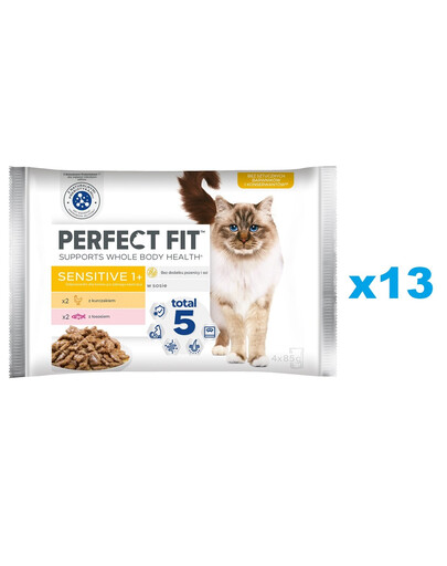 PERFECT FIT Sensitive 1+ 52 kapsiček x 85 g, kompletní krmivo pro dospělé kočky, v omáčce s kuřecím masem, s lososem