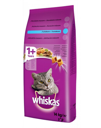 WHISKAS Adult 14kg krmivo s tuňákem a zeleninou + WHISKAS Adult 12x85g Rybí pochoutky v želé s: lososem, tuňákem