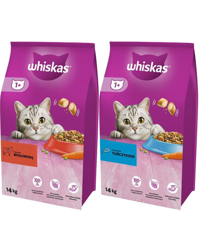 WHISKAS Adult hovězí 14 kg + WHISKAS s tuňákem 14 kg