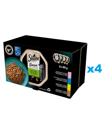 SHEBA Sauce Collection Výběr příchutí tácky 32x85 g kompletní mokré krmivo pro dospělé kočky v omáčce, kousky s lososem, tuňákem, kuřecím masem, kachnou