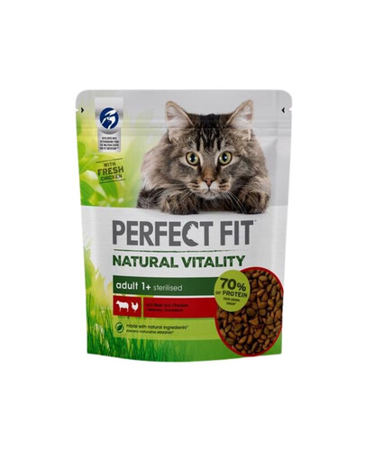 PERFECT FIT Natural Vitality 1+ s hovězím a kuřecím masem 6x650 g - suché krmivo pro dospělé kočky