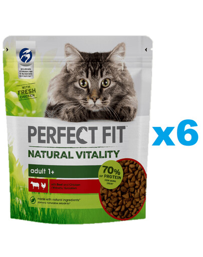 PERFECT FIT Natural Vitality 1+ kompletní krmivo pro dospělé kočky s hovězím a kuřecím masem 6x650 g