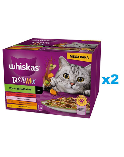 WHISKAS Adult Tasty Mix Výběr šéfkuchaře v omáčce, 48 × 85 g, kousky s hovězím masem, lososem, kuřecím masem a krůtím masem, kuřecím masem a treskou pro dospělé kočky