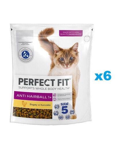 PERFECT FIT Antihairball 1+ 6x750 g Kompletní krmivo pro dospělé kočky, bohaté na kuřecí maso
