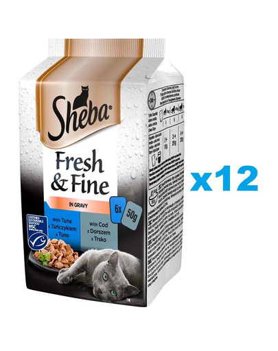 SHEBA kapsička 72x50 g Fresh & Fine kompletní krmivo pro dospělé kočky v omáčce s tuňákem a treskou