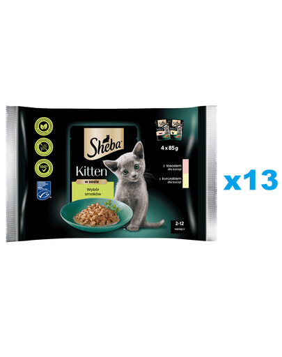 SHEBA Kitten výběr příchutí, kapsičky 52x85 g, kompletní krmivo pro koťata v omáčce, kousky s: losos, kuřecí maso