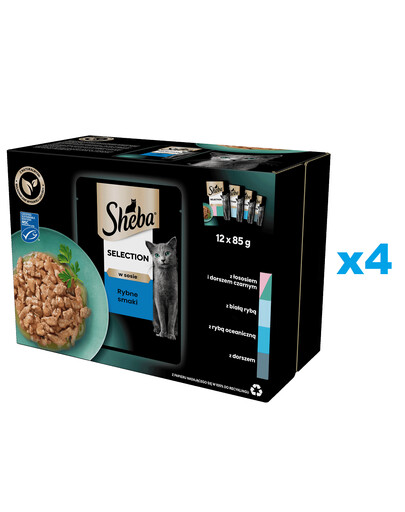 SHEBA Selection Rybí příchutě kapsičky 48x85 g kompletní krmivo pro dospělé kočky v omáčce, kousky lososa a černé tresky, bílé ryby, mořské ryby, treska