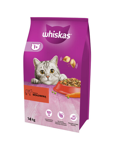 WHISKAS Adult 14kg lahodné krmivo hovězí + WHISKAS Adult 12x400 g krmivo s hovězím masem v omáčce