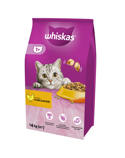 WHISKAS Adult 14kg krmivo s lahodným kuřecím masem + WHISKAS Adult 12x400 g krmivo s kuřecím masem v želé