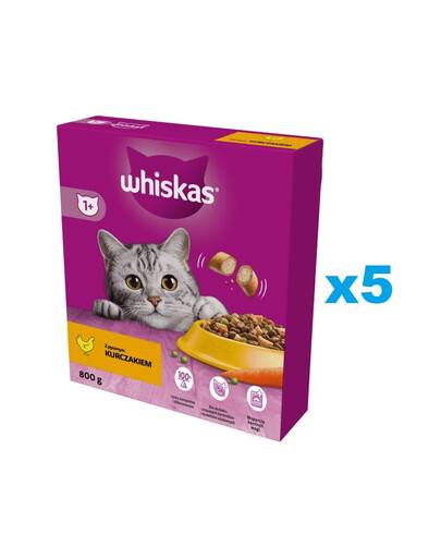 WHISKAS Adult 5x800 g kompletní suché krmivo s lahodným kuřecím masem pro dospělé kočky