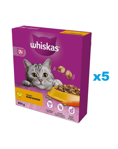 WHISKAS Senior 5x800g suché krmivo s lahodným kuřecím masem pro starší kočky