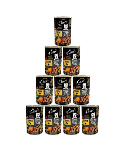 CESAR 12x400g konzerva - kompletní mokré krmivo pro dospělé psy bohaté na kuřecí maso, zdobené sladkými bramborami, hráškem a brusinkami
