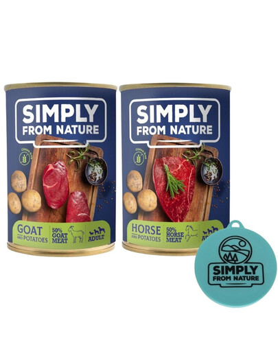 SIMPLY FROM NATURE Kozí maso a brambory+ Koňské maso a brambory 400 g x 12 ks. + víčko na konzervy