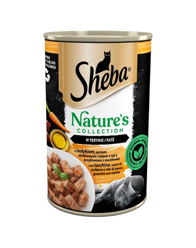 SHEBA konzerva 400g Nature's Collection s krůtím, drůbežím srdcem a rybím olejem s mrkvovou oblohou v terině