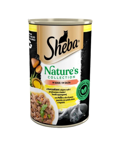SHEBA konzerva 400g Nature's Collection s kuřecím a rybím olejem se sladkými bramborami a zelenými fazolkami obloha v omáčce