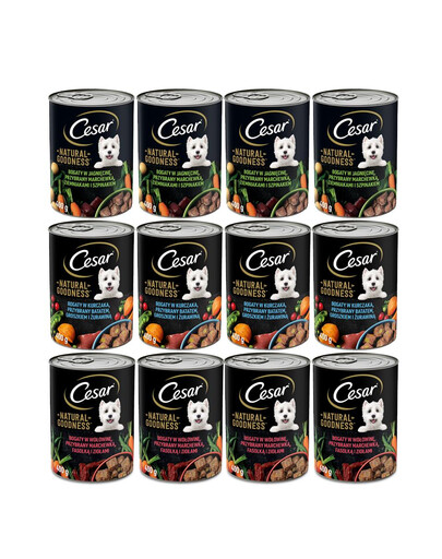 CESAR 12x400g konzerva - kompletní mokré krmivo pro dospělé psy (s jehněčím masem a zeleninou, s hovězím masem a zeleninou, s kuřecím masem a zeleninou)