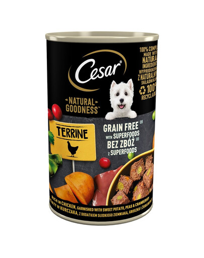 CESAR s kuřecím masem, sladkými bramborami, hráškem a brusinkami 400g