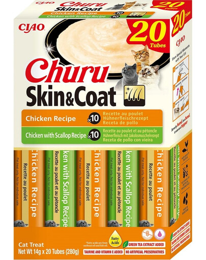 INABA Churu Cat Skin Coat 20x14g kuře a mušle krémová pochoutka pro kočky