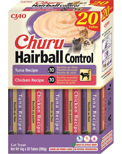 INABA Churu Cat Hairball 20x14g tuňák a kuřecí krémová pochoutka pro kočky