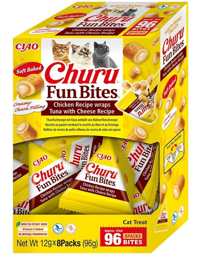INABA Cat Fun Bites Chicken with Tun and Cheese 8x12g wrapy s kuřecím masem, tuňákem a sýrem pro kočky