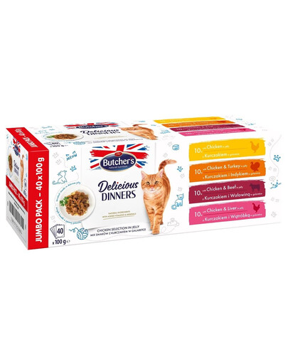 BUTCHER'S Delicious Dinners Jumbo Pack Želé pro dospělé kočky 40x100g Smíšené příchutě kuřecího masa